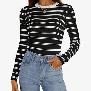 NEW: Women's Long Sleeve Crewneck Striped Shirt Spring Sweater Ribbed Knit XL